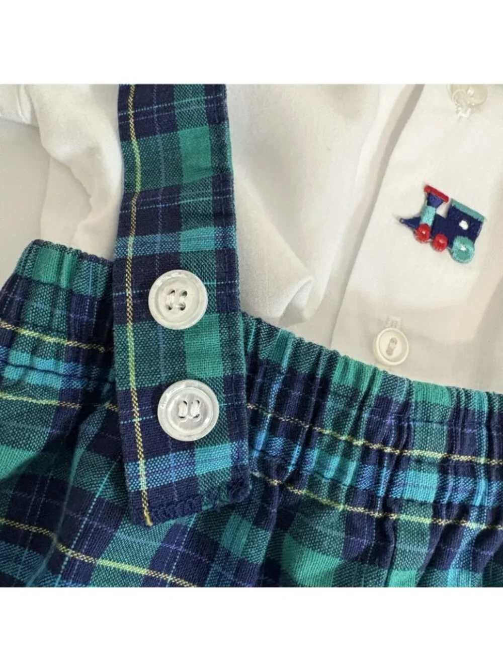 Michael James Green Blue Plaid Train Vintage 90’s Romper